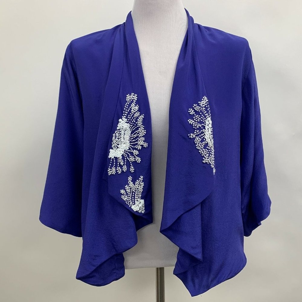 Leifsdottir Women's Top Small Purple White 100% Silk‎ Beaded Open Front